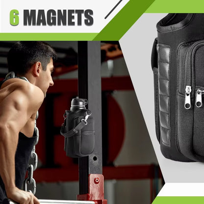Magnetic Gym Water Bottle Carrier with Phone Pocket & Shoulder Strap - 6 Built-In Magnets for Ultimate Convenience