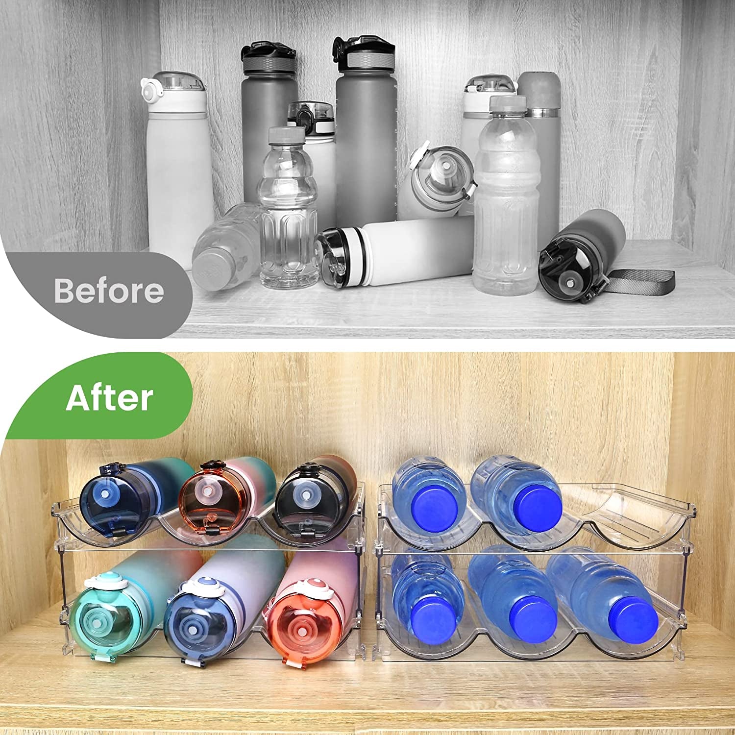Stackable Water Bottle Organizer - 2 Pack Cabinet Storage Rack for Efficient Water Bottle Management