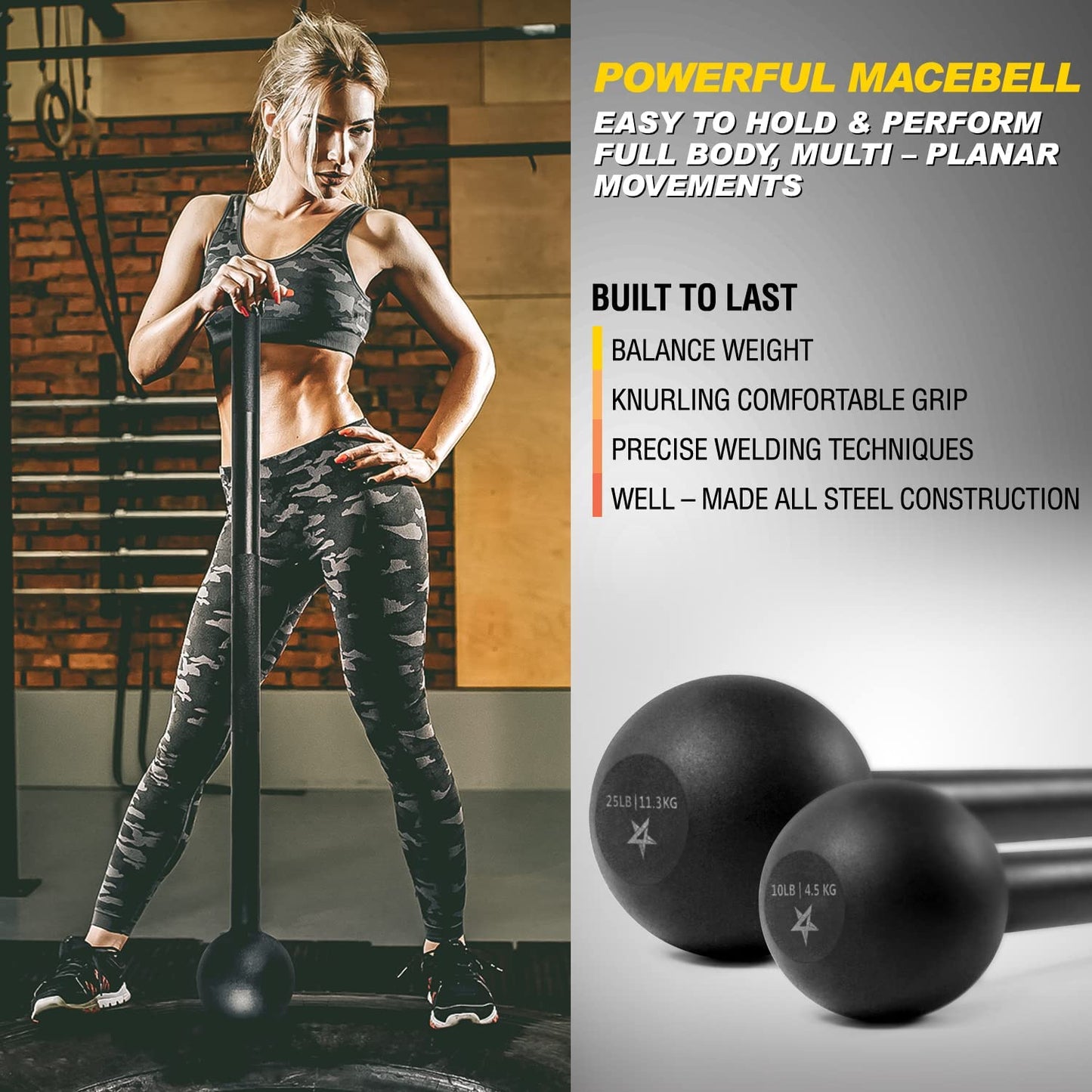 Versatile Steel Mace Bell for Full Body Strength Training - Ideal for Muscles, Shoulders, Grips & Forearms - Available in 5 to 30 LB for Men & Women
