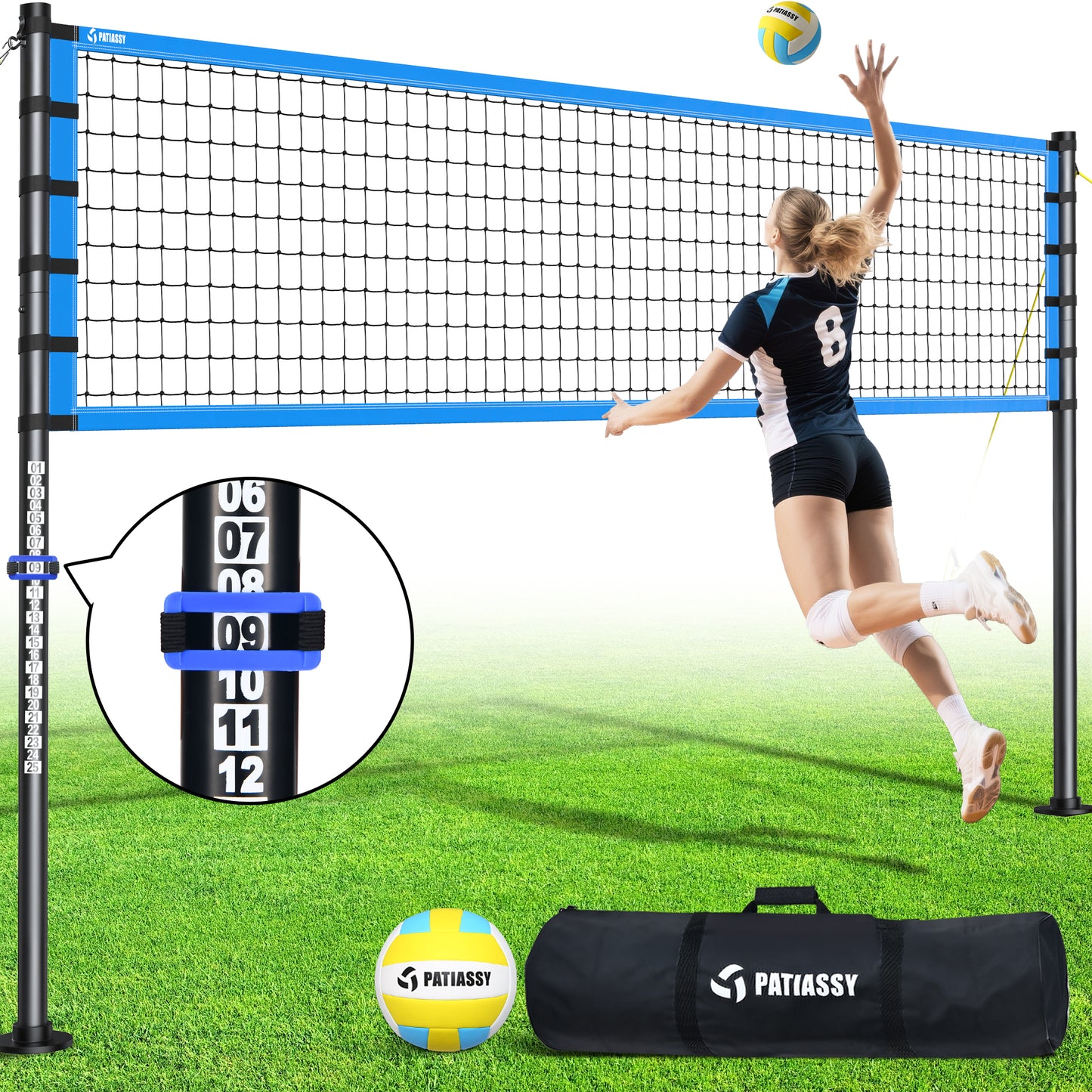 Ultimate 32FT Outdoor Volleyball Net Set - Quick Setup, Adjustable Height, Complete with PU Volleyball, Pump & Carrying Bag!