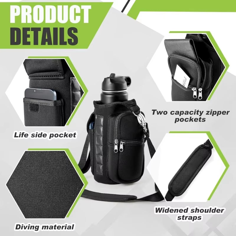 Magnetic Gym Water Bottle Carrier with Phone Pocket & Shoulder Strap - 6 Built-In Magnets for Ultimate Convenience
